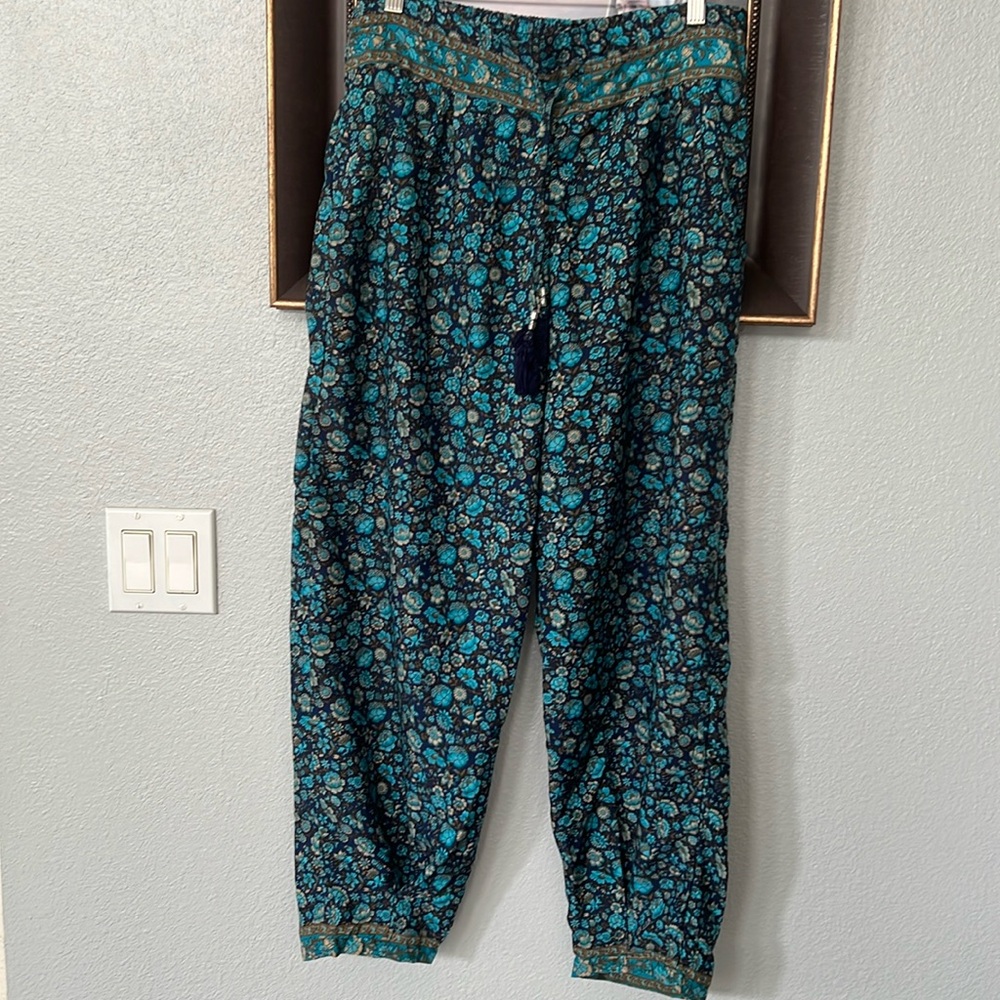 ALCHEMY Baggy Tapered Harem Joggers Pants Front Pockets Blue Floral Women M/L